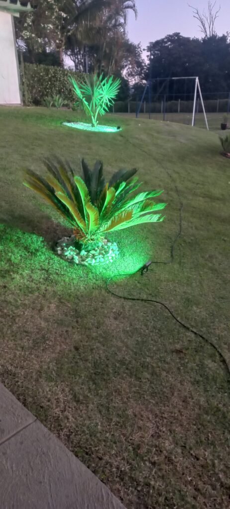 A imagem demonstra um refletor verde iluminando duas plantas em um jardim.