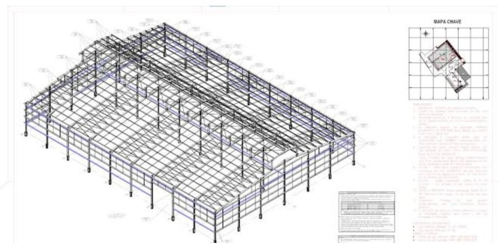 A imagem mostra a perspectiva isométrica em um projeto de um galpão de estrutura metálica, resultados concretos da FWA.